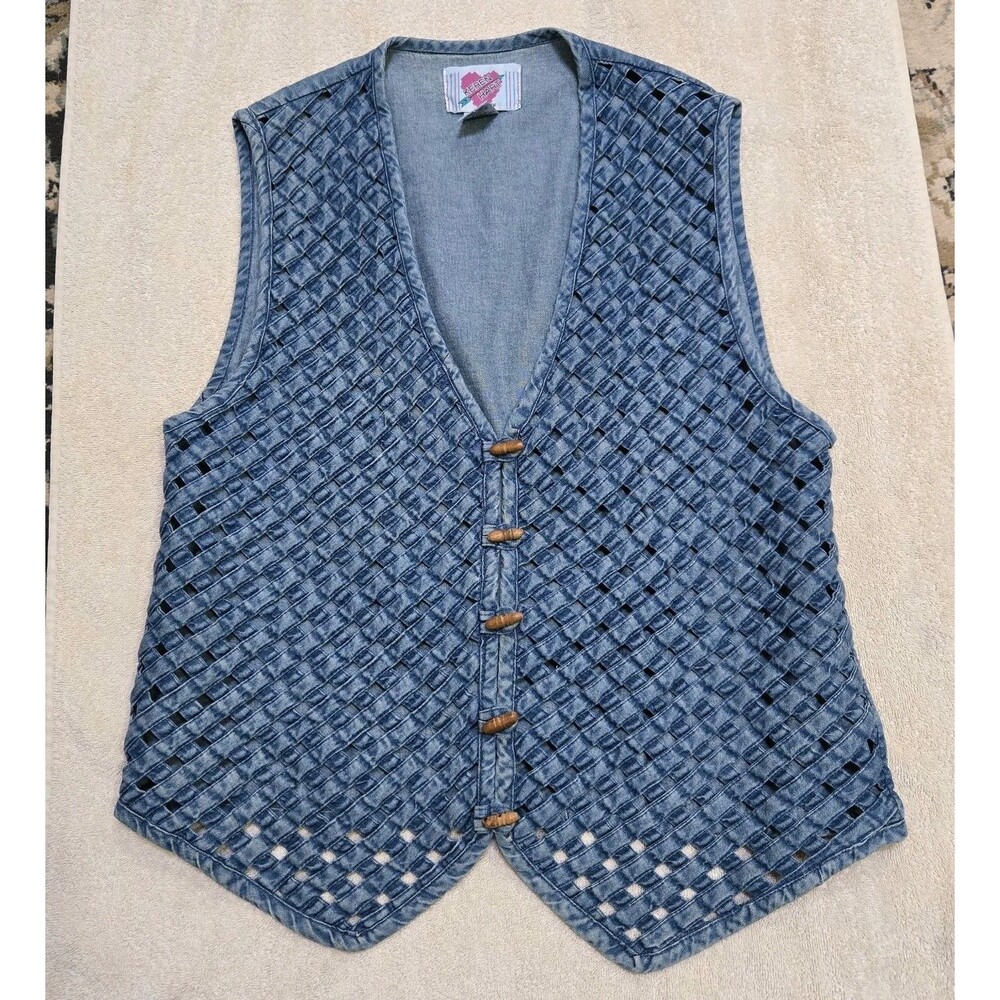 Keren Hart Denim Vest Woven Lattice Wood Bead Button L Boho Western Cottagecore